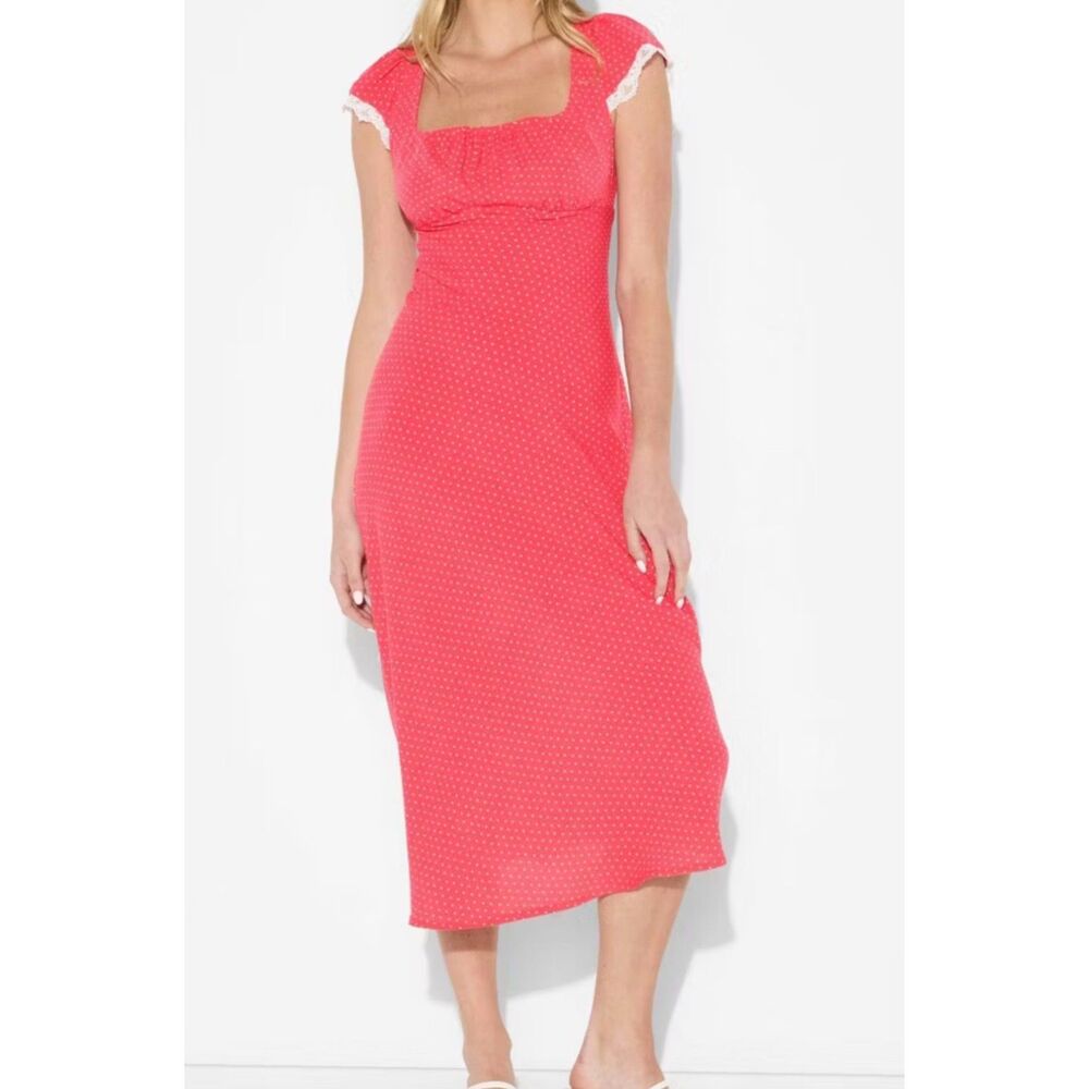 NWT Wild Fable Red Polka Dot Lace Trim Midi Dress Square Neck Small Size